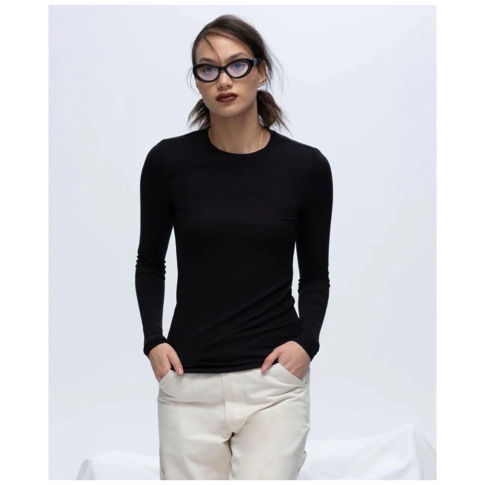 ATM Anthony Thomas Melillo Womens Black Cotton Long Sleeve Crew Neck Tee Small